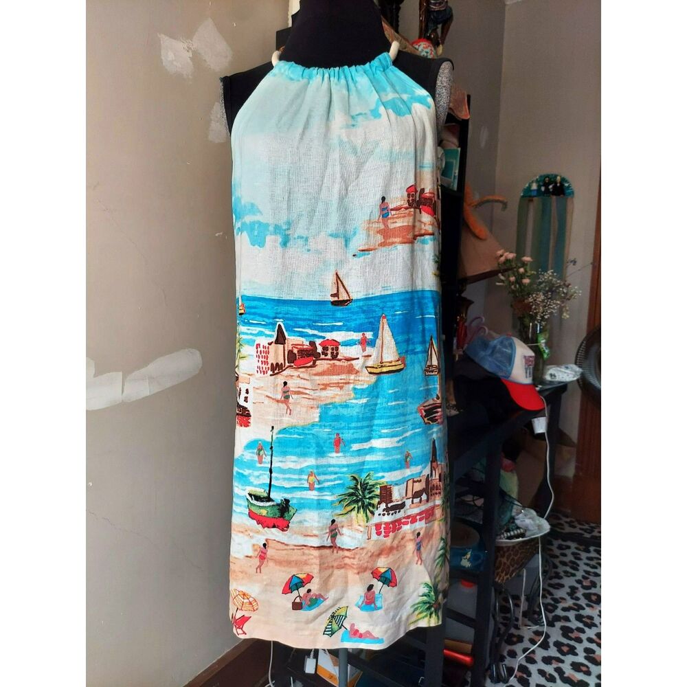 London Times Women's Shift Dress Art to Wear Halter Linen Sz 6 Midi Coastal